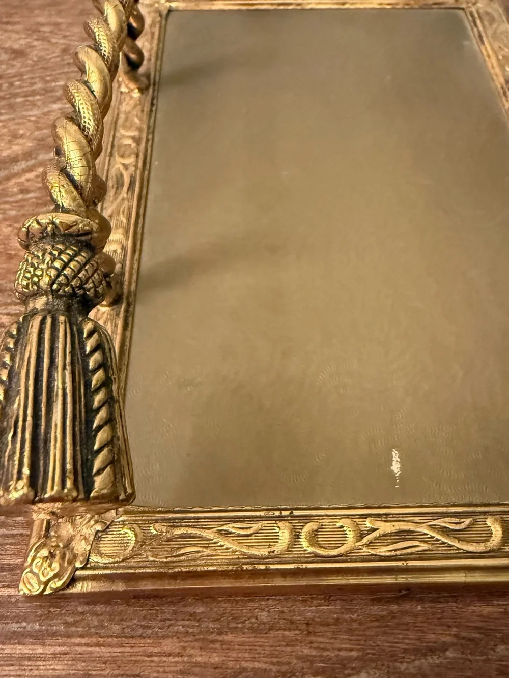 Vintage Brass Napkin Holder Mirrored Tray Tassel Handles Hollywood Regency Decor
